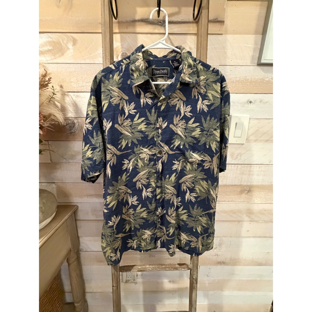 Ocean Pacific Mens Rayon Tropical Bird of Paradise Floral Shirt XL Blue Green